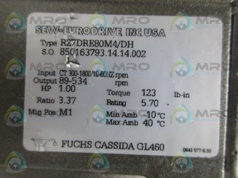 SEW EURODRIVE R27DRE80M4/DH GEAR MOTOR RATIO 3.37  NSMP