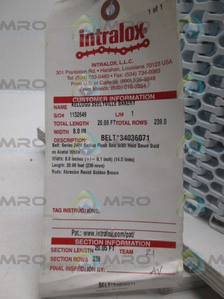 INTRALOX 34036071 L BELT 8"W X 20'  NSMP
