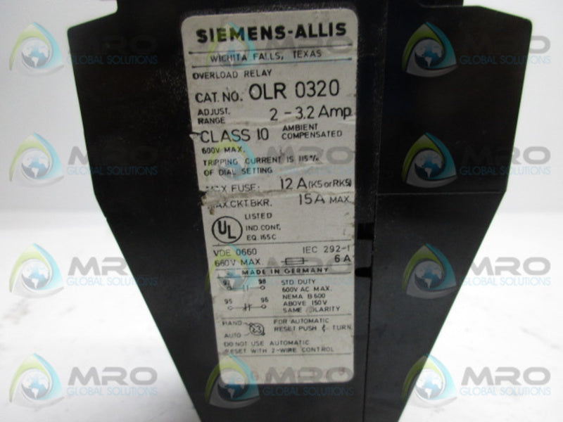 SIEMENS OLR0320 OVERLOAD RELAY 2-3.2A  UNMP