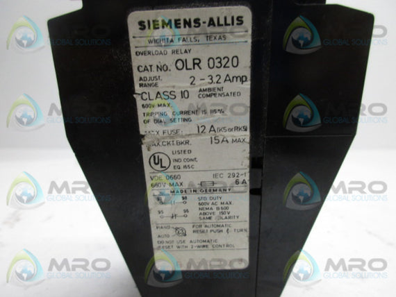 SIEMENS OLR0320 OVERLOAD RELAY 2-3.2A  UNMP