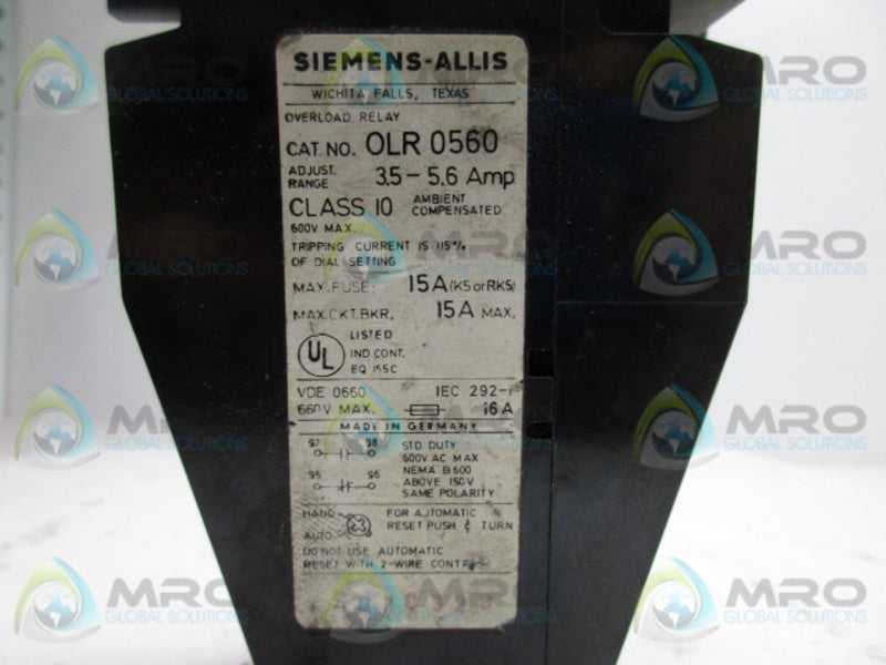 SIEMENS OLR0560 OVERLOAD RELAY 3.5-5.6A (AS PICTURED)  UNMP