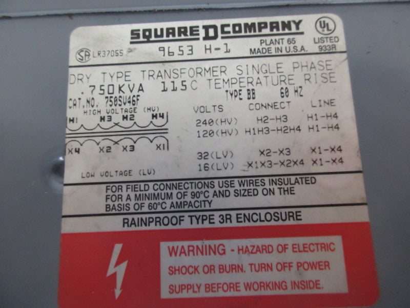 SQUARE D 750SV46F DRY TYPE TRANSFORMER  UNMP