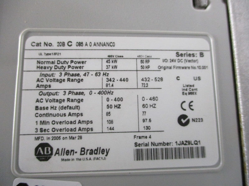 INDUSTRIAL SPARE PART 20BC085A0ANNANCO SER. B F/W: 10.001  UNMP