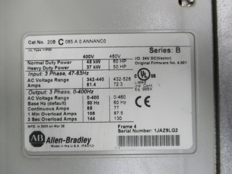 INDUSTRIAL SPARE PART 20BC085A0ANNANCO SER. B F/W: 4.001  UNMP