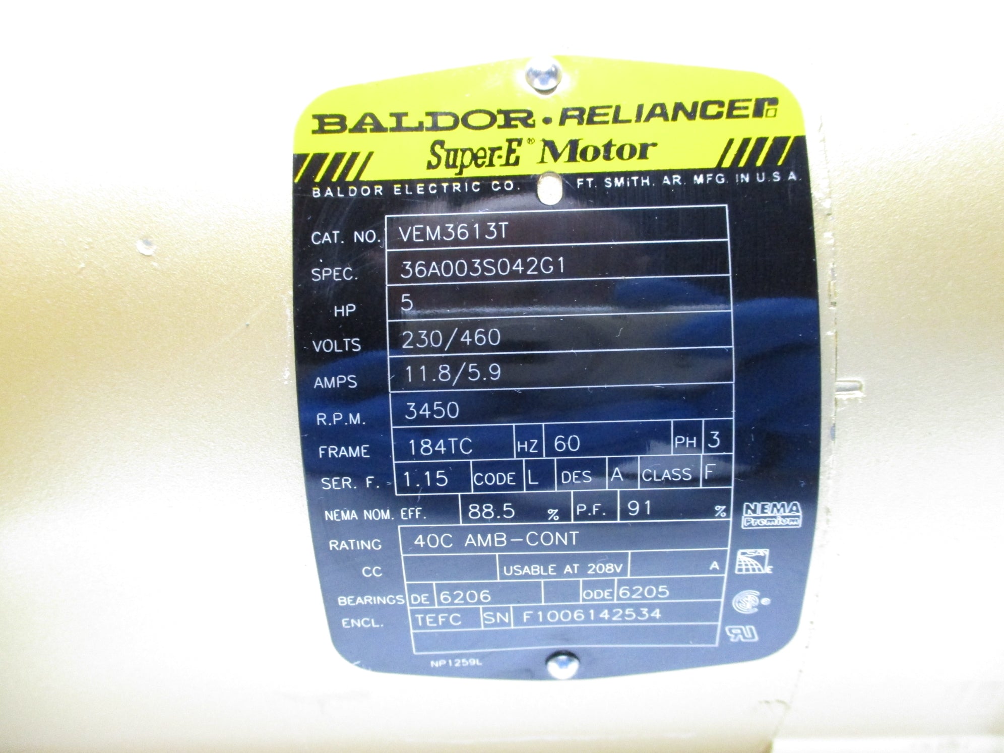 BALDOR VEM3613T 36A003S042G1 230/460V 11.8/5.9A NSNP