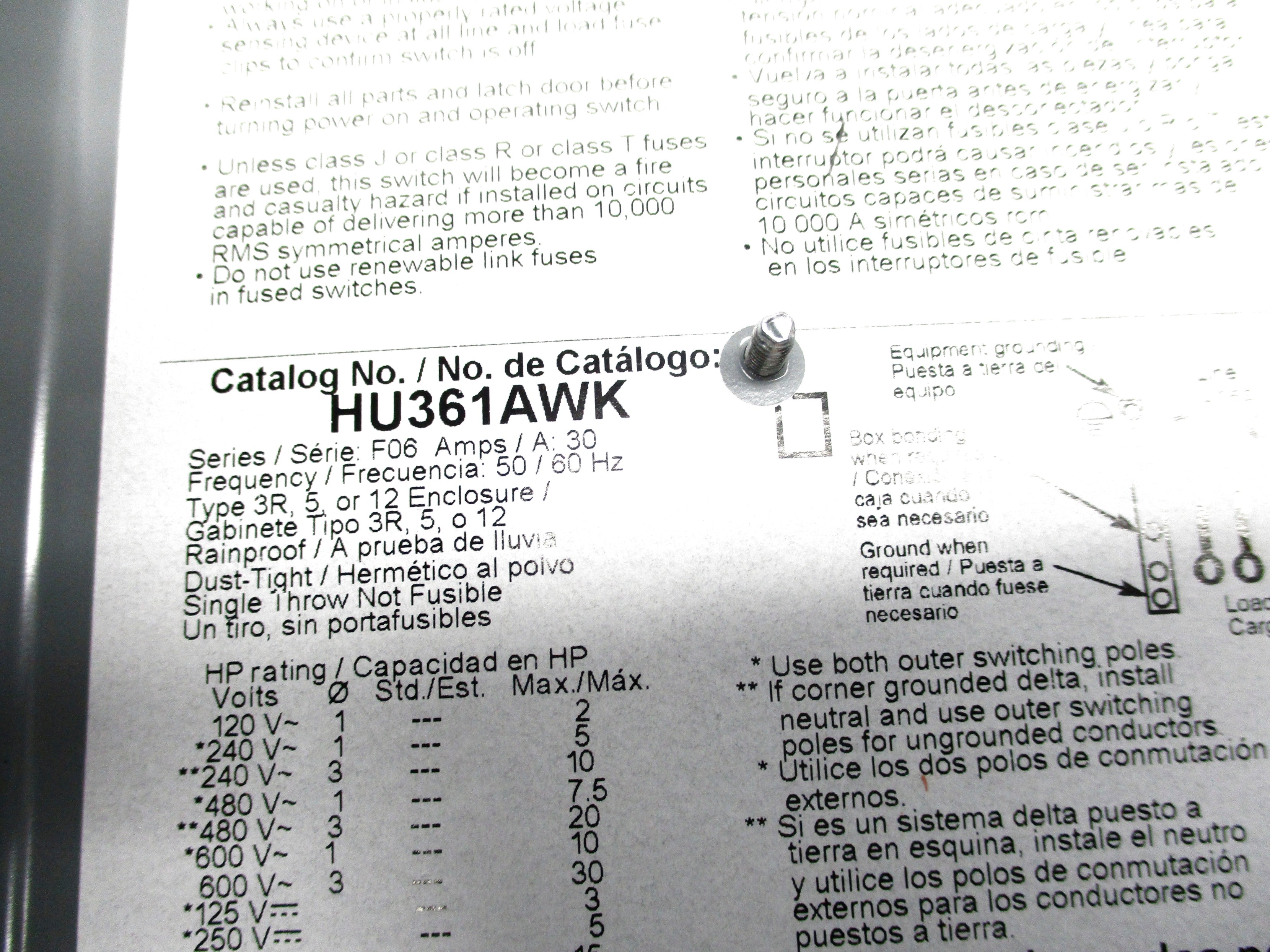 SQUARE D HU361AWK SER. F06 600VAC 30A NSNP