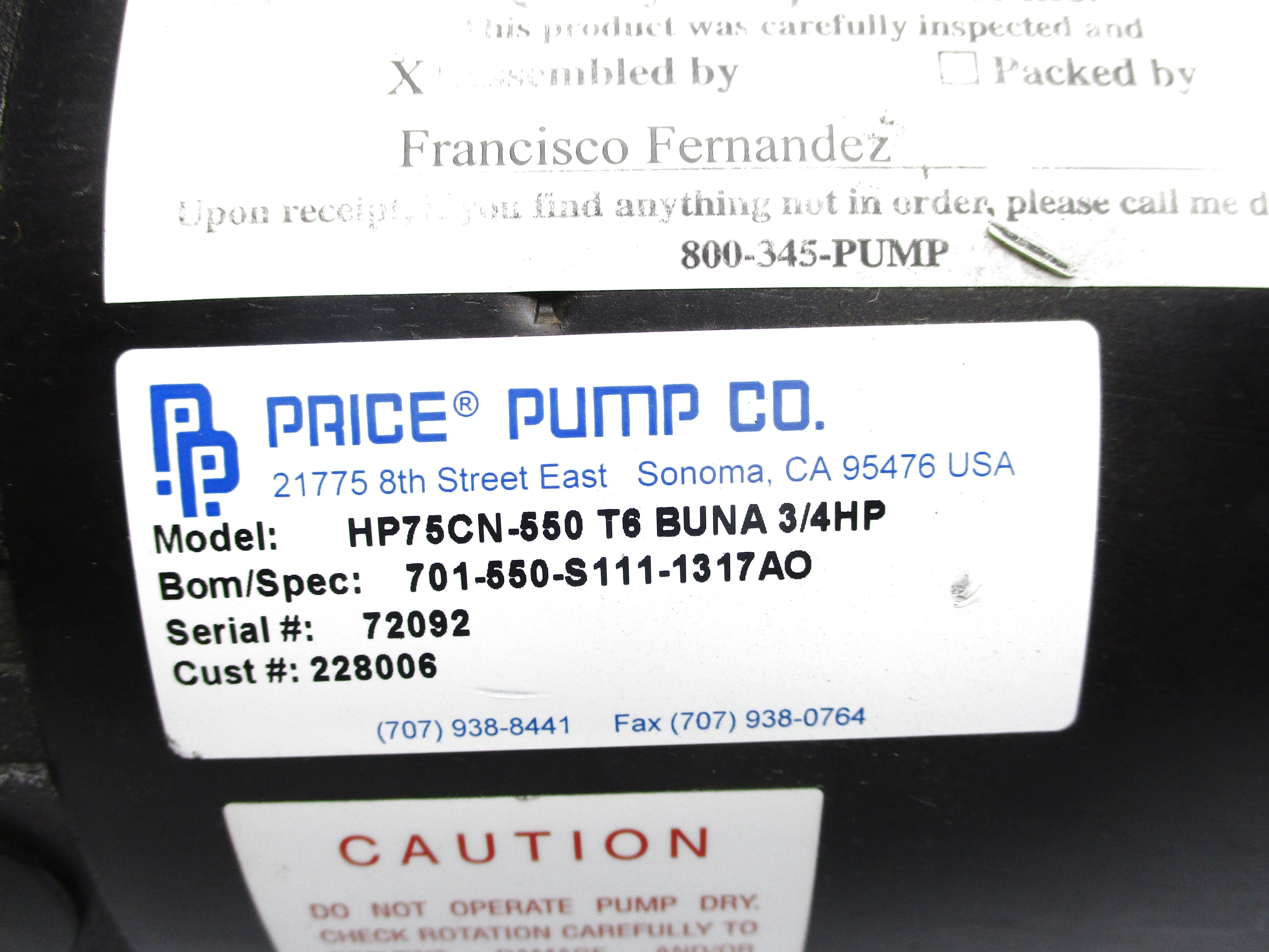 PRICE PUMP HP75CN-550-T6-BUNA-3/4HP UNMP