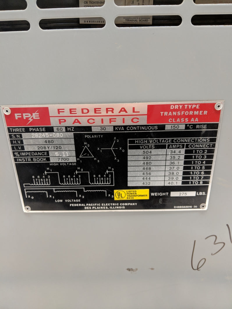 FEDERAL PACIFIC DRY TYPE TRANSFORMER CLASS AA UNMP