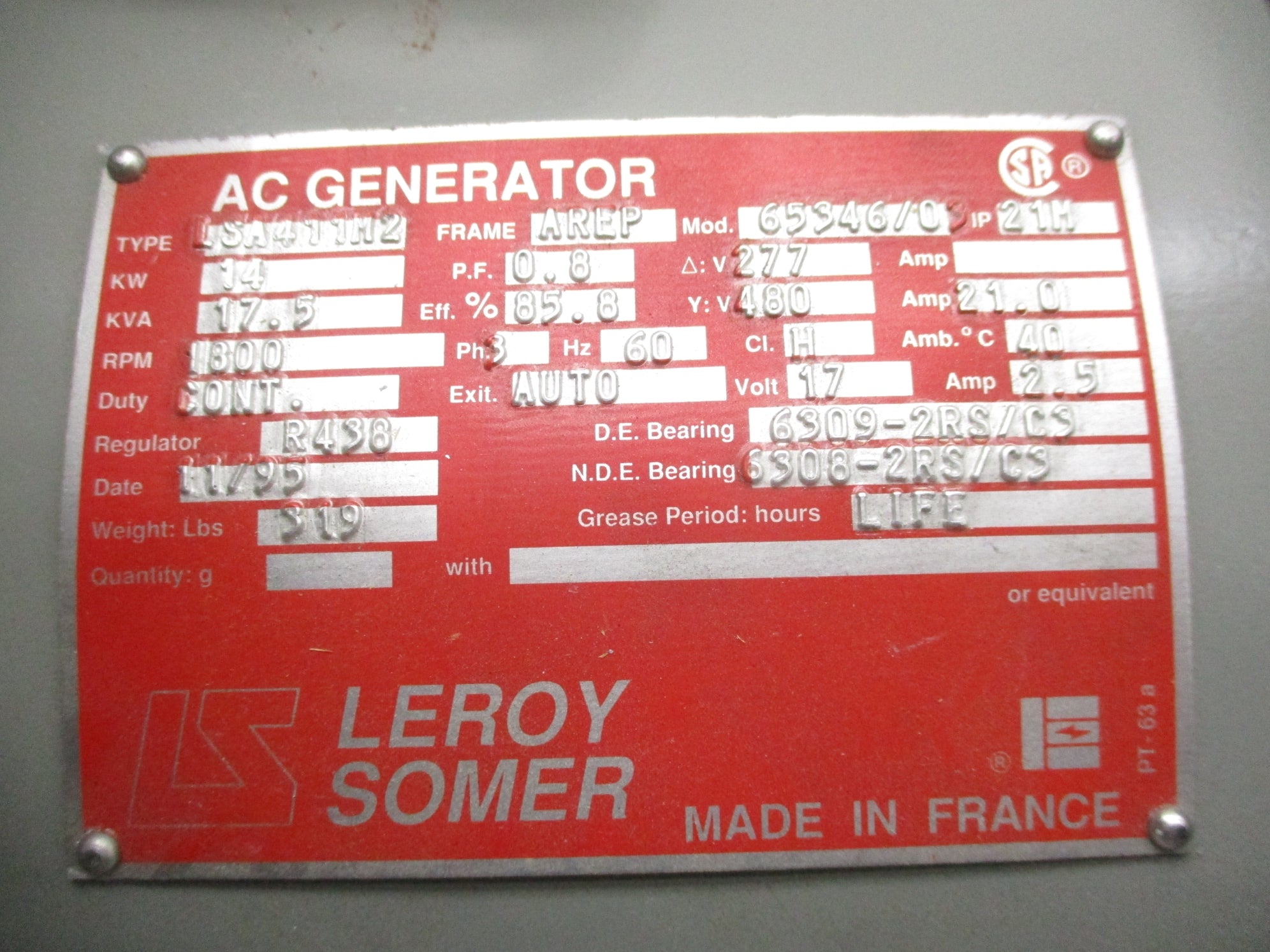 LEROY SOMER LSA411M2 AC GENERATOR NSNP