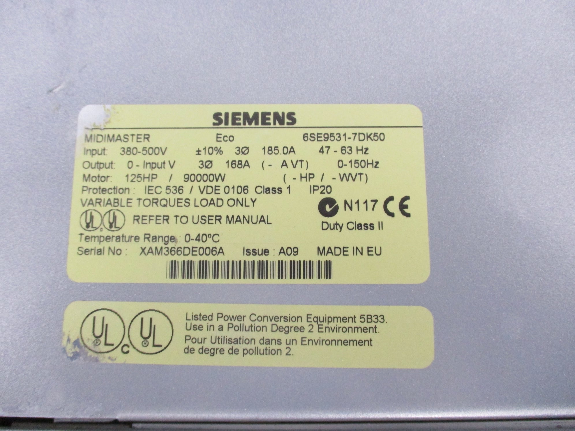 SIEMENS 6SE9531-7DK50 (AS PICTURED) NSNP