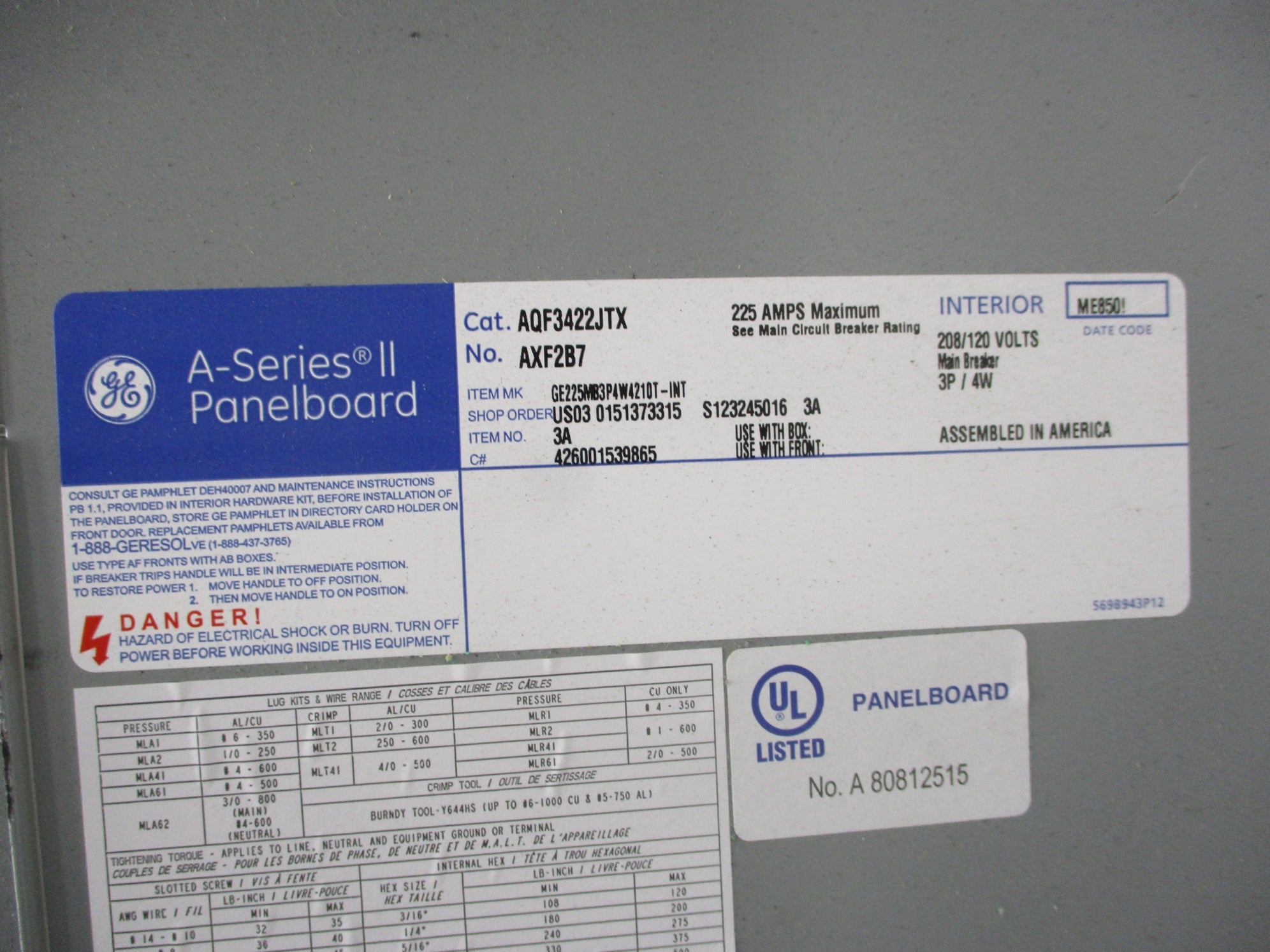 GENERAL ELECTRIC AQF3422JTX AXF2B7 225A NSNP