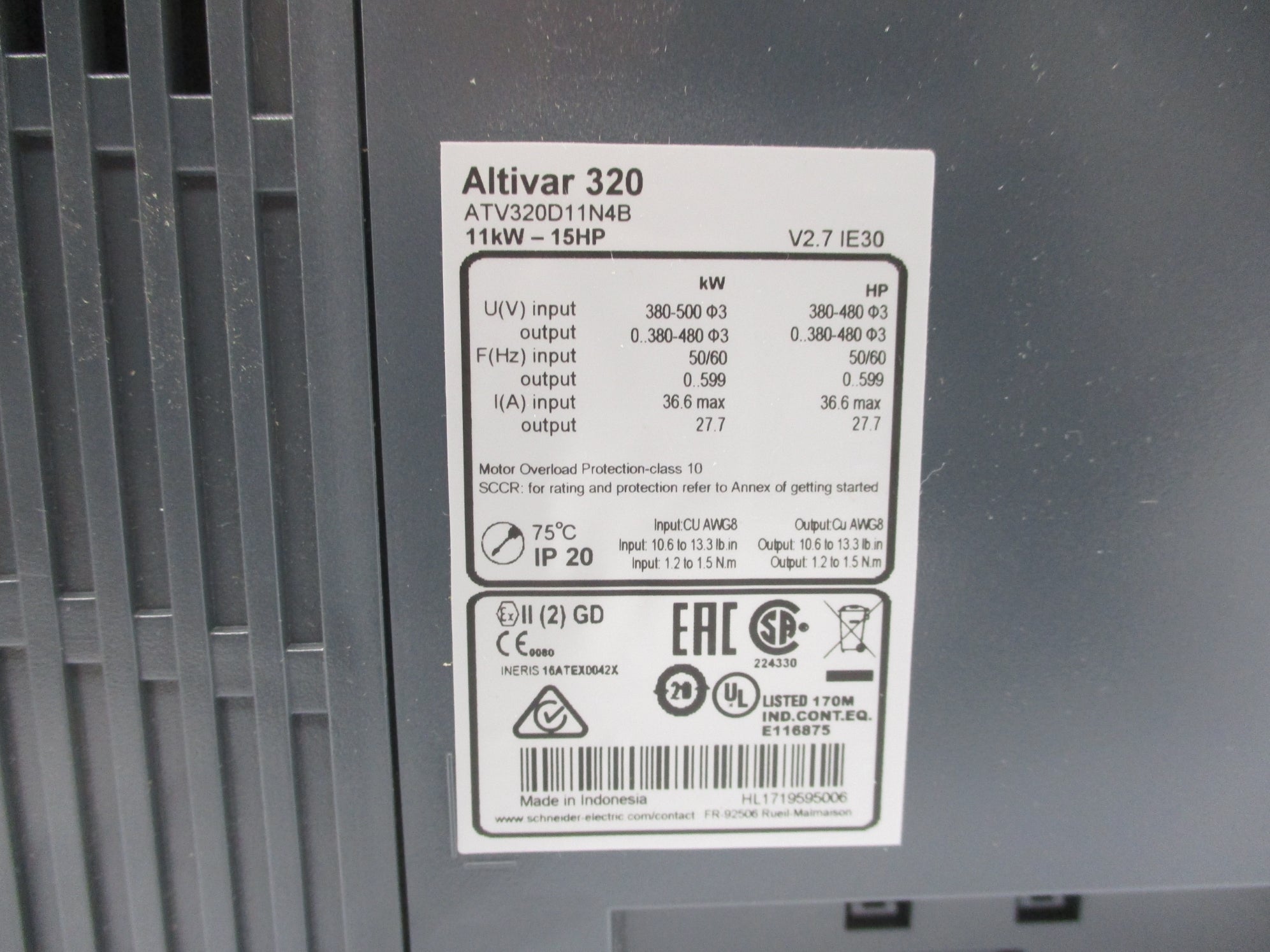 SCHNEIDER ELECTRIC ATV320D11N4B 380-500V 36.6A NSMP