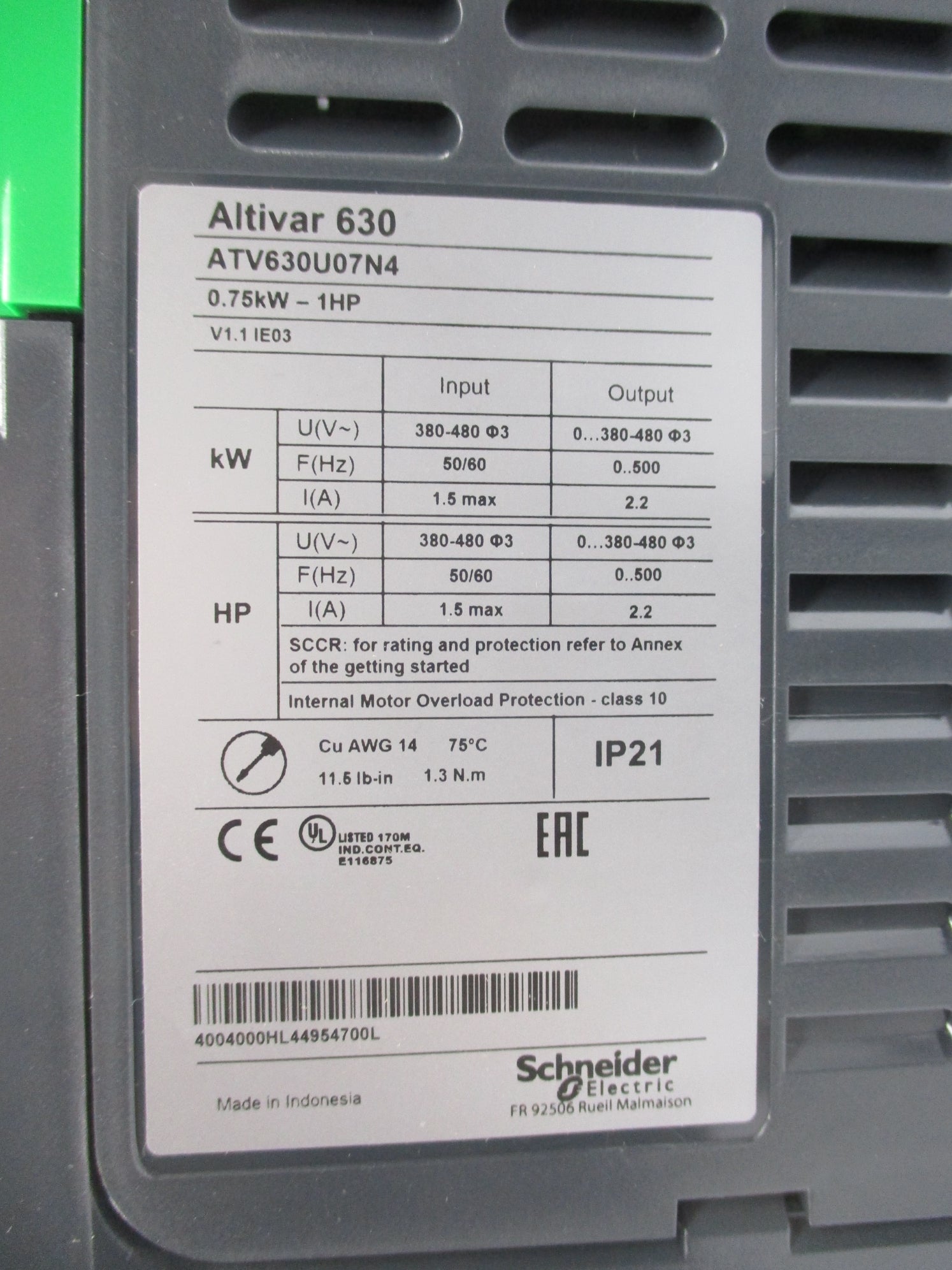 SCHNEIDER ELECTRIC ATV630U07N4 075809 NSMP