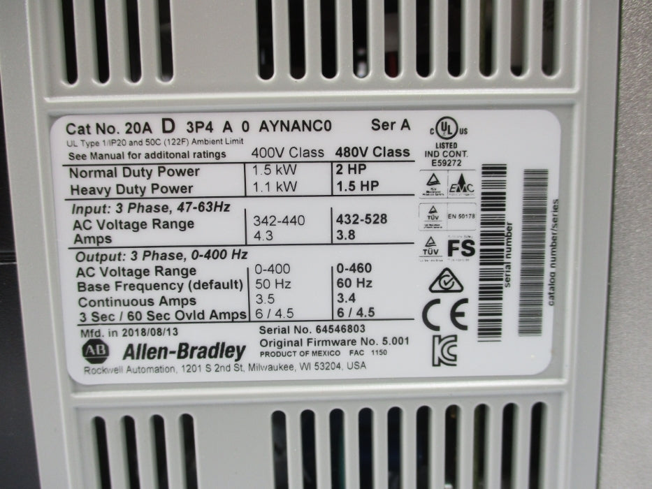 INDUSTRIAL SPARE PART 20AD3P4A0AYNANC0 SER. A F/W 5.001 432-528VAC 3.8A NSMP