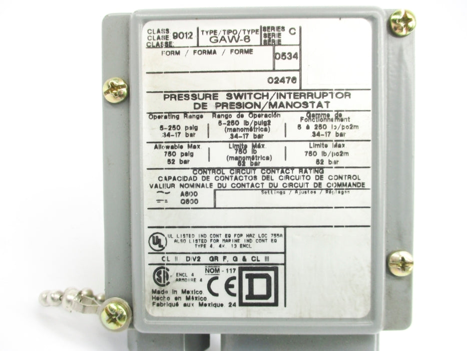 SQUARE D 9012GAW6 SER. C 250PSI NSNP