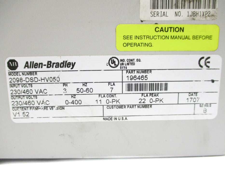 ALLEN BRADLEY 2098-DSD-HV050 SER. B F/W V1.52 UNMP