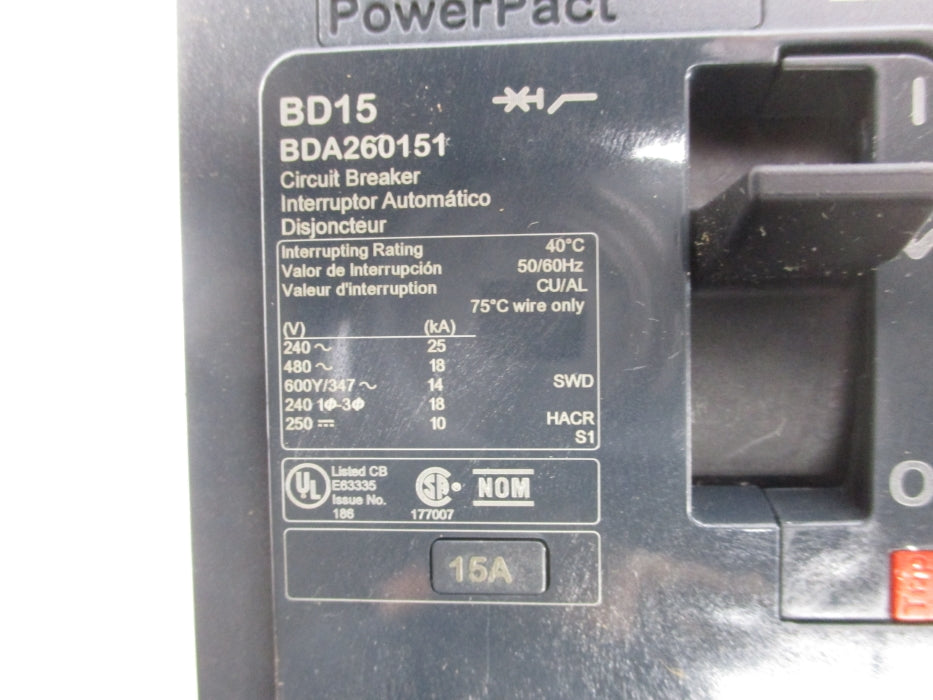 SQUARE D BDA260151 15A 480V NSMP