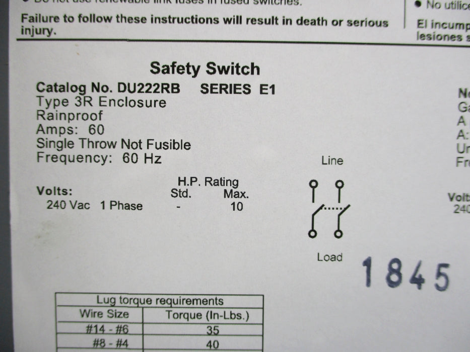 SQUARE D DU222RB SER. E1 240VAC 60A NSNP