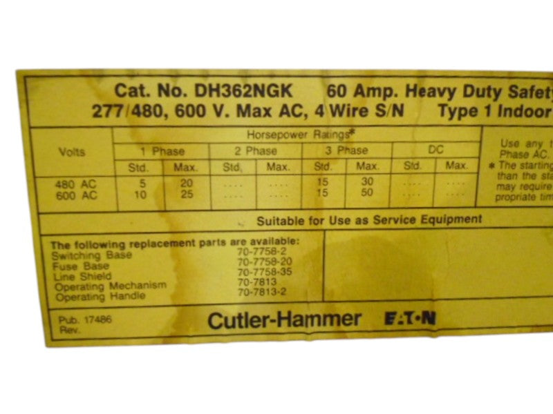 CUTLER HAMMER DH362NGK 60AMP HEAVY DUTY SAFETY SWITCH  UNMP