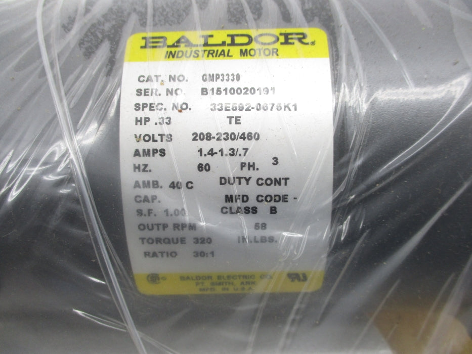 BALDOR GMP3330 33E592-0675K1 208-230/460V 1.4-1.3/.7A NSMP
