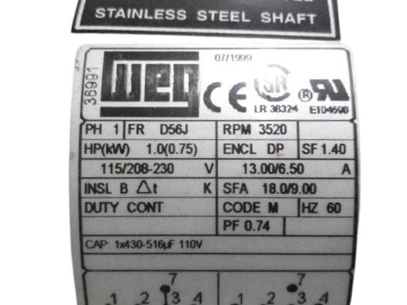 WEG FR D56J 1 HP 3520 RPM MOTOR  UNMP