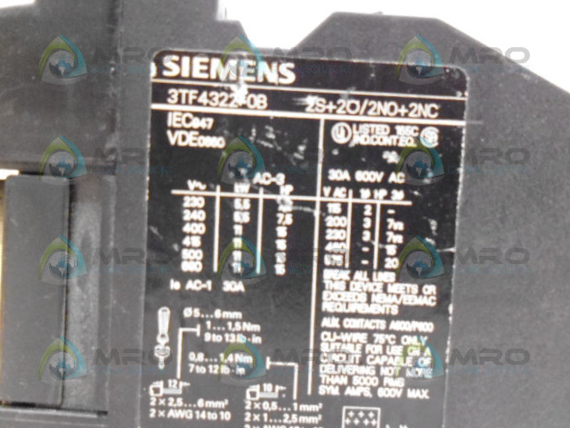 SIEMENS 3TF4322-0B CONTACTOR  UNMP