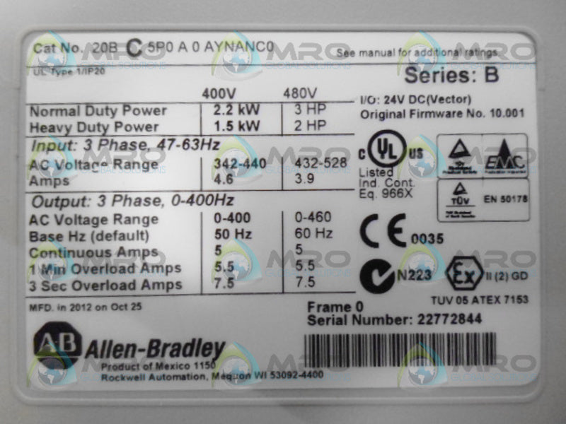 INDUSTRIAL SPARE PART 20BC5P0A0AYNANC0 SER. B F/W 10.001 SERVO DRIVE  UNMP