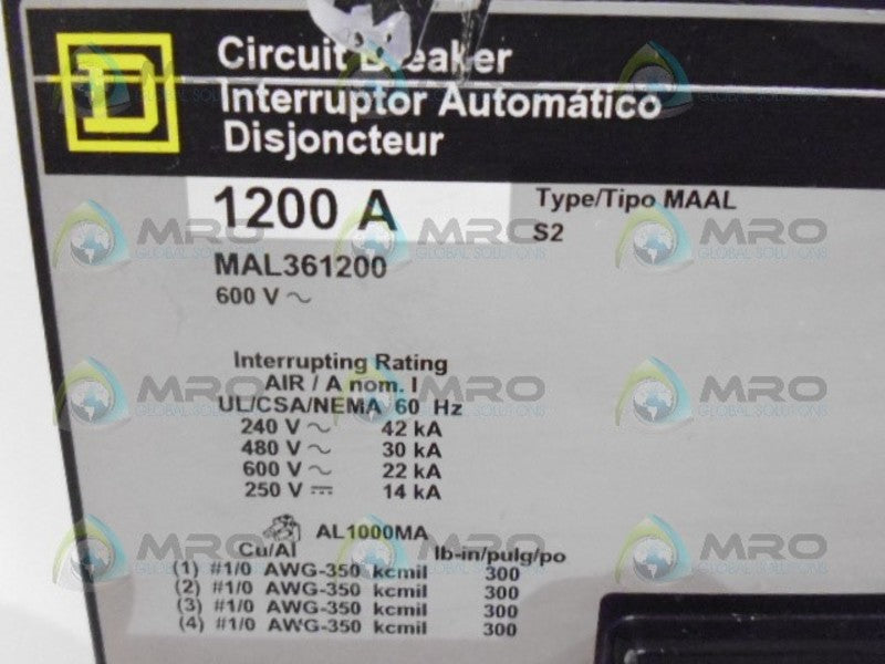 SQUARE D MAL361200 1200A CIRCIUT BREAKER NSNP