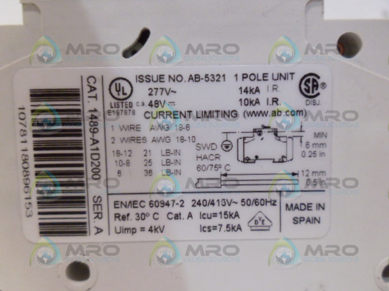 ALLEN BRADLEY 1489-A1D200 SER. A CIRCIUT BREAKER *NEW NO BOX*