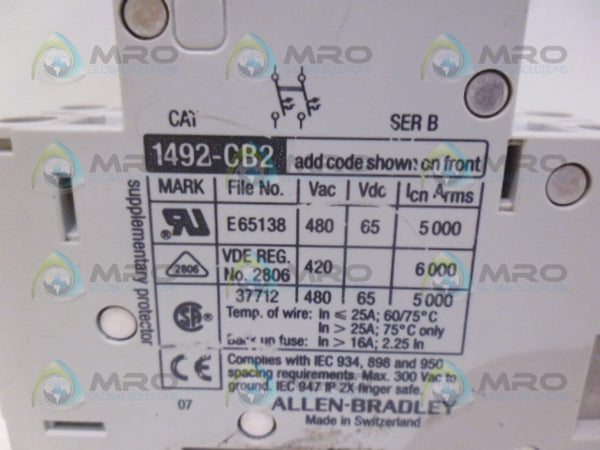 ALLEN BRADLEY 1492-CB2 SER B CIRCUIT BREAKER UNMP
