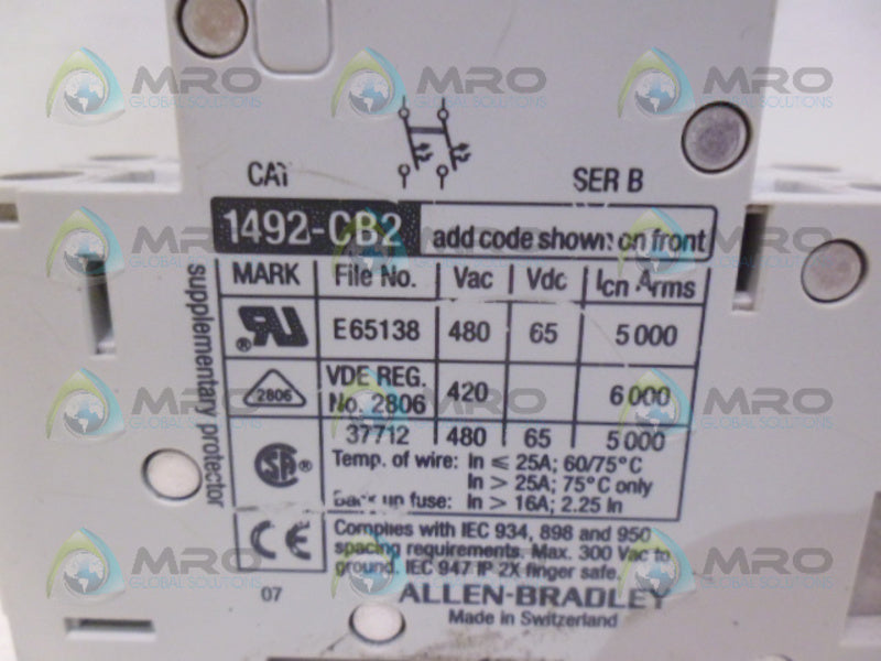 ALLEN BRADLEY 1492-CB2 SER B CIRCUIT BREAKER UNMP