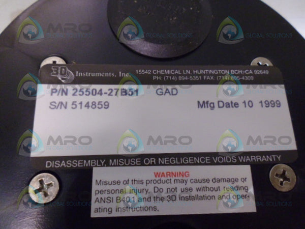 3D INSTRUMENTS 25504-27B51 PRESSURE GAUGE 0-500 NSMP