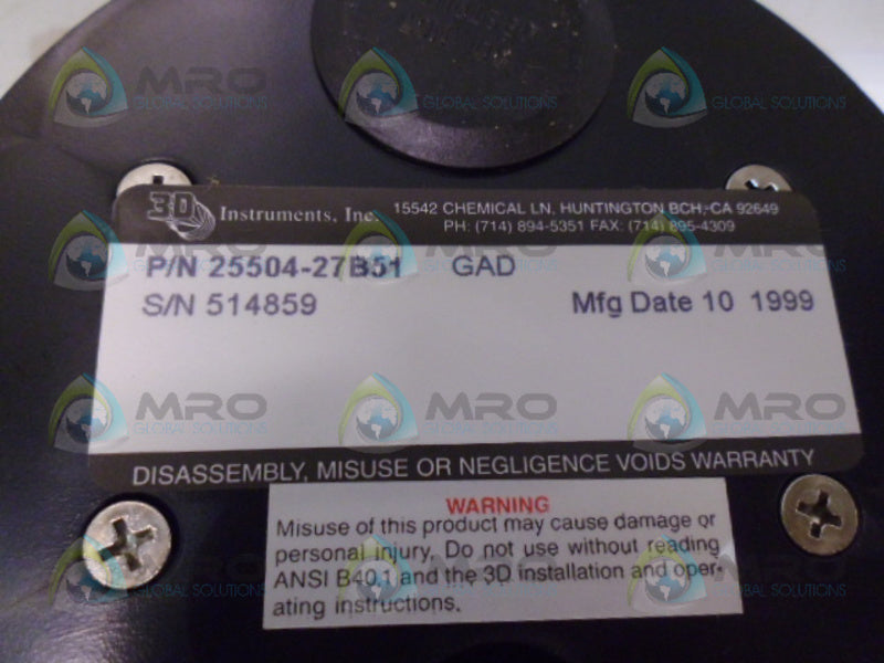 3D INSTRUMENTS 25504-27B51 PRESSURE GAUGE 0-500 NSMP