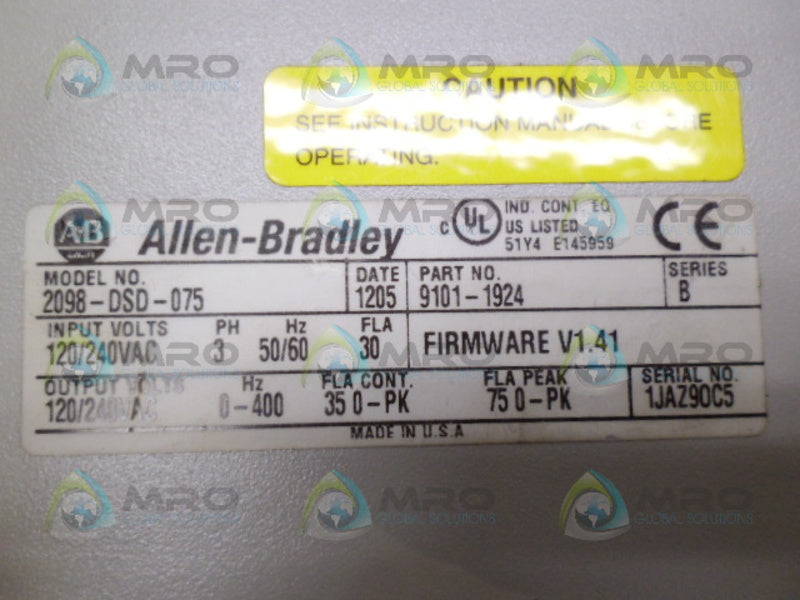 ALLEN BRADLEY ULTRA 3000 2098-DSD-075 SER. B F/W 1.41 SERVO DRIVE *USED*