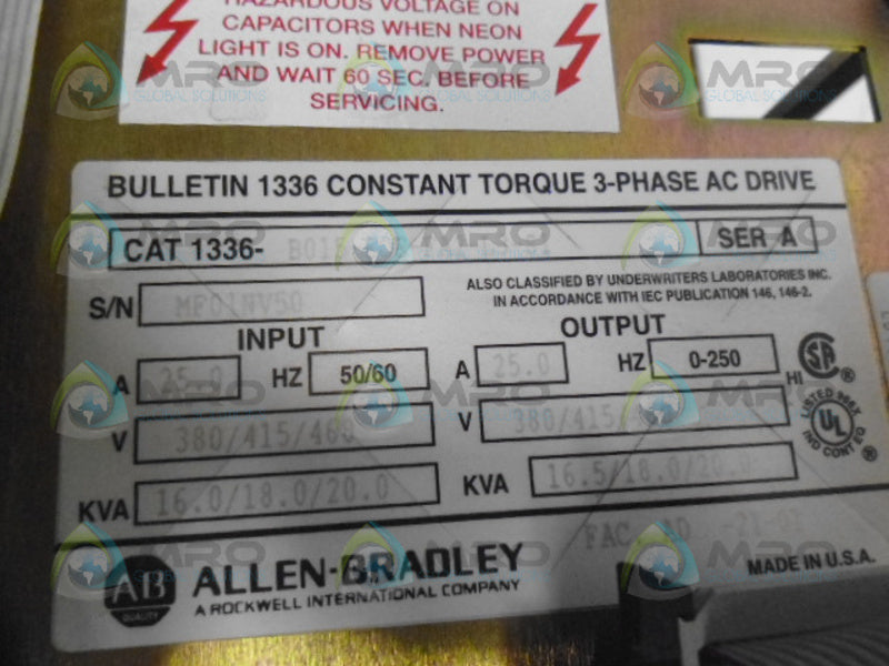 ALLEN BRADLEY 1336-B015-EOE-FA2-L3-S1 SER. A AC DRIVE *USED*