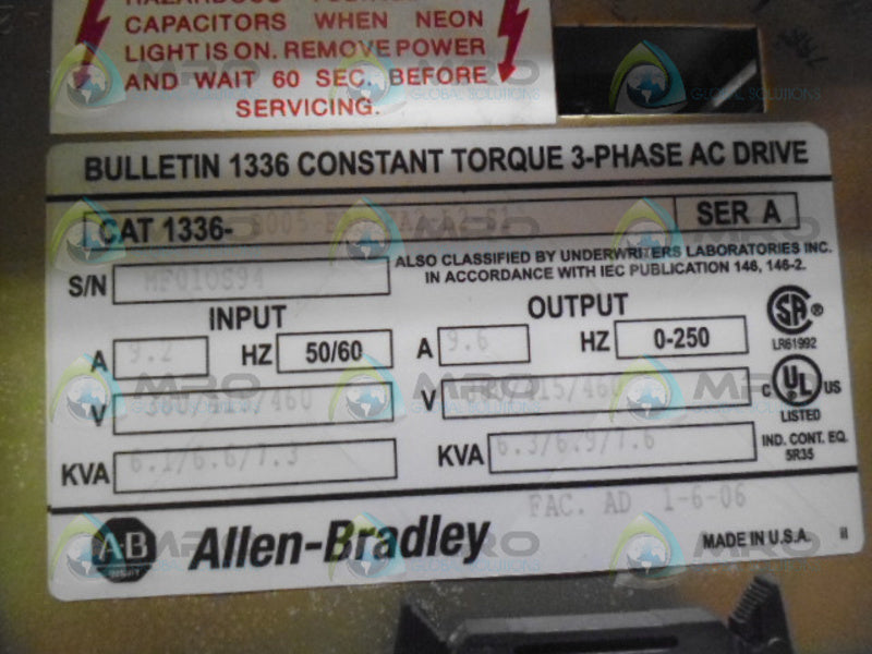 ALLEN BRADLEY 1336-B005-EAD-FA2-L2-S1 SER. A AC DRIVE *USED*