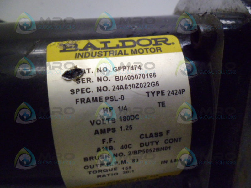 BALDOR GPP7474 INDUSTRIAL MOTOR 1/4 HP 83 RPM USED*