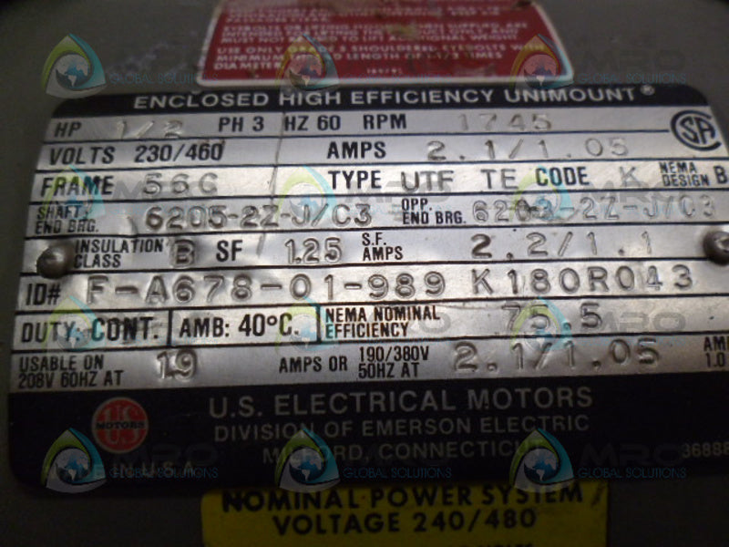 US MOTORS 56C UTF TE 1/2 HP 1745 RPM *USED*