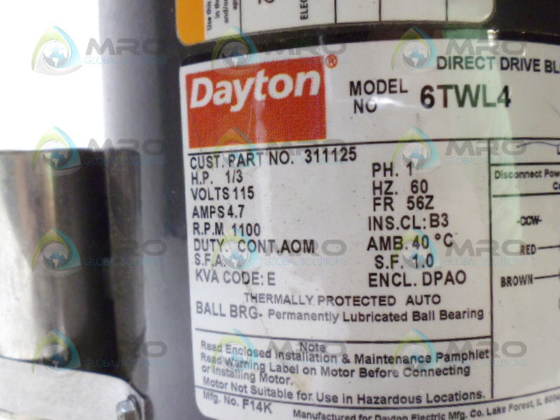 DAYTON 6TWL4 311125 DIRECT DRIVE BLOWER MOTOR 1/2 HP 1100 RPM *USED*
