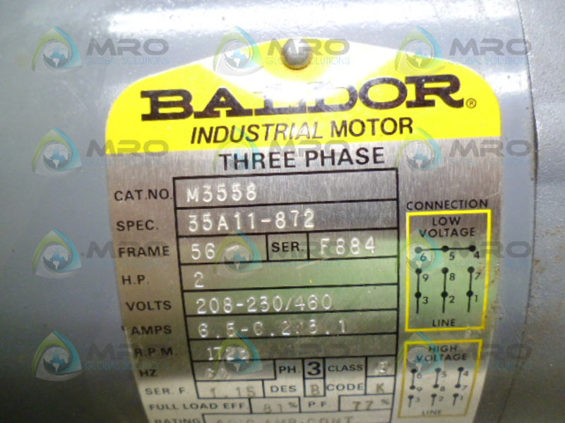 BALDOR M3558 INDUSTRIAL MOTOR 2 HP 1725 RPM *USED*
