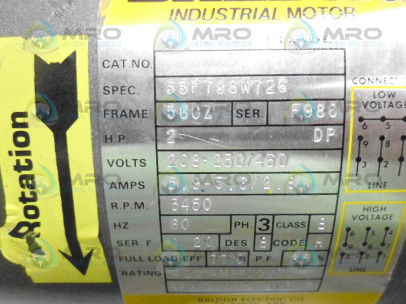 BALDOR 35F798W726 INDUSTRIAL MOTOR 2 HP 3450 RPM *USED*