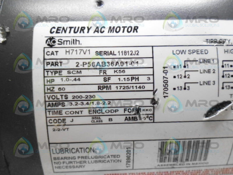 A.O. SMITH H717V1 2-P56AB36A01-01 MOTOR 1/.44 HP 1725/1140 RPM *NEW NO BOX*