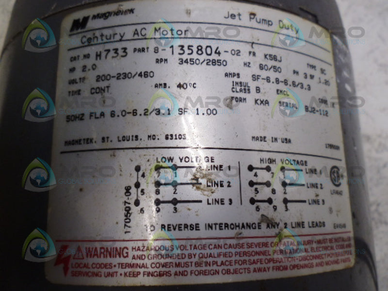 MAGNETEK H733 8-135804-02 AC MOTOR 2 HP 3450/2850 RPM *USED*