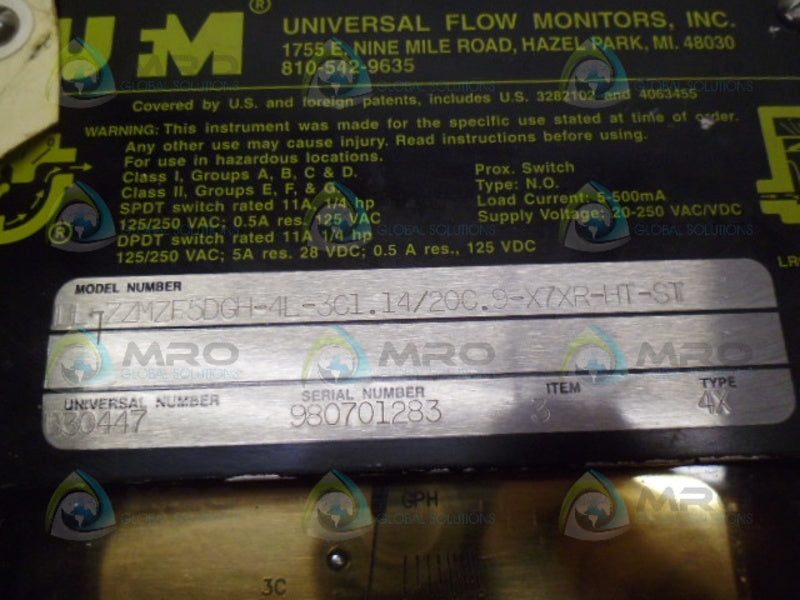 UFM LL-ZZMZF5DGH-4L-3C1.14/20C.9-X7XR-HT-ST FLOW RATE INDICATOR *NEW NO BOX*