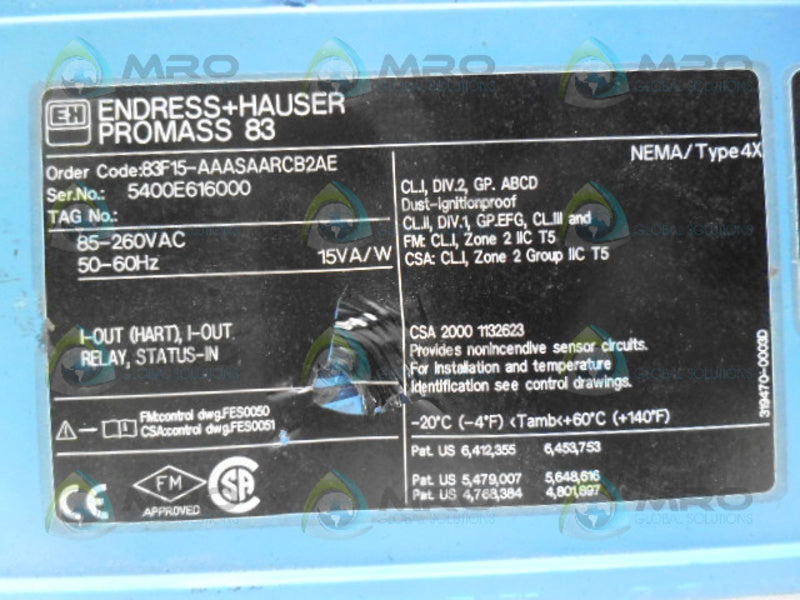 ENDREESS+HAUSER PROMASS 83 83F15-AAASAARCB2AE FLOW TRANSMITTER *USED*
