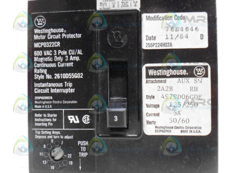 WESTINGHOUSE MCP0322CR-2A2B CIRCUIT BREAKER WITH AUX SWITCH *NEW IN BOX*
