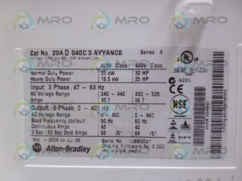 ALLEN BRADLEY 20AD040C3AYYANC0 SER. A F/W 3.003 *USED*