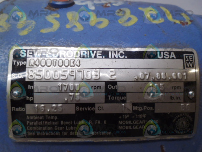 SEW EURODRIVE R40DT80K4 DFT80K4 MOTOR .75 HP 1700 RPM *USED*