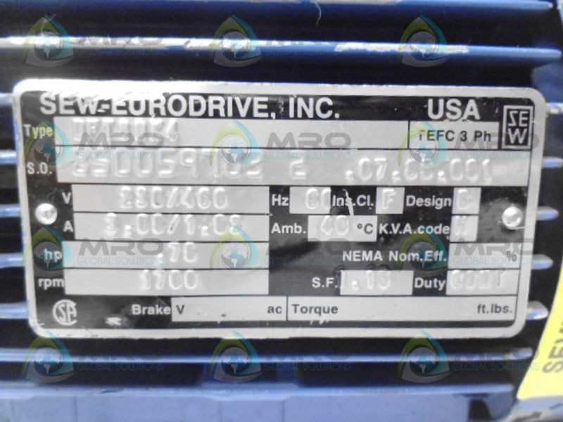 SEW EURODRIVE R40DT80K4 DFT80K4 MOTOR .75 HP 1700 RPM *USED*