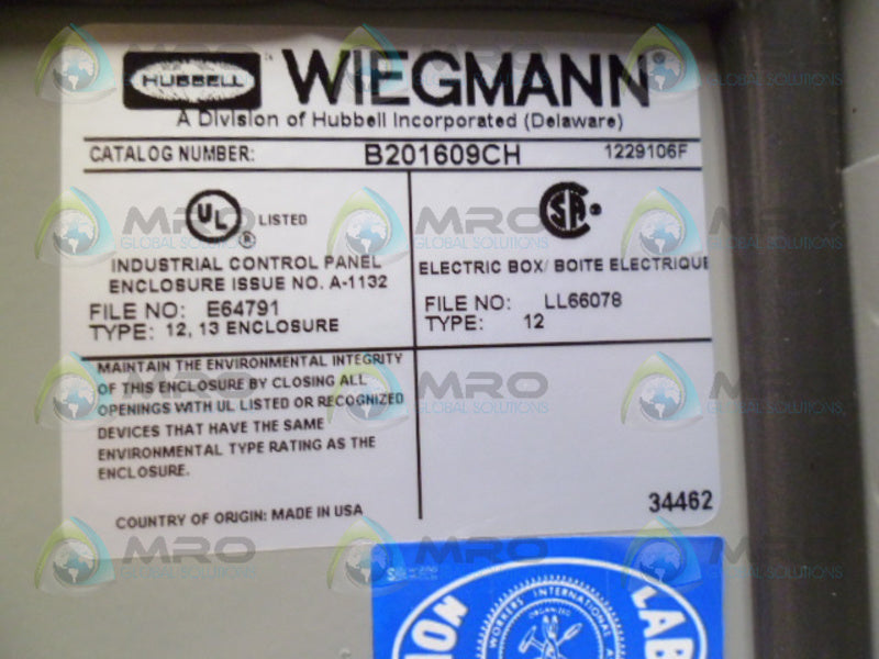 HUBBELL WIEGMANN B201609CH ENCLOSURE *NEW IN BOX*